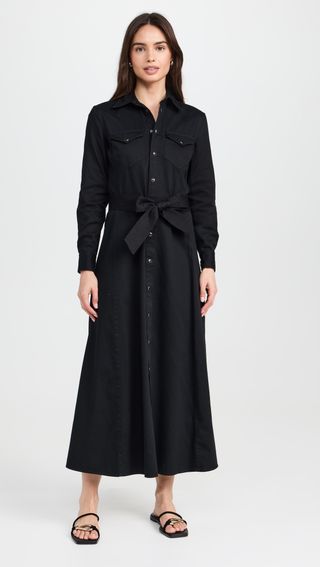 Long Sleeve Button-Down Day Dress in Black