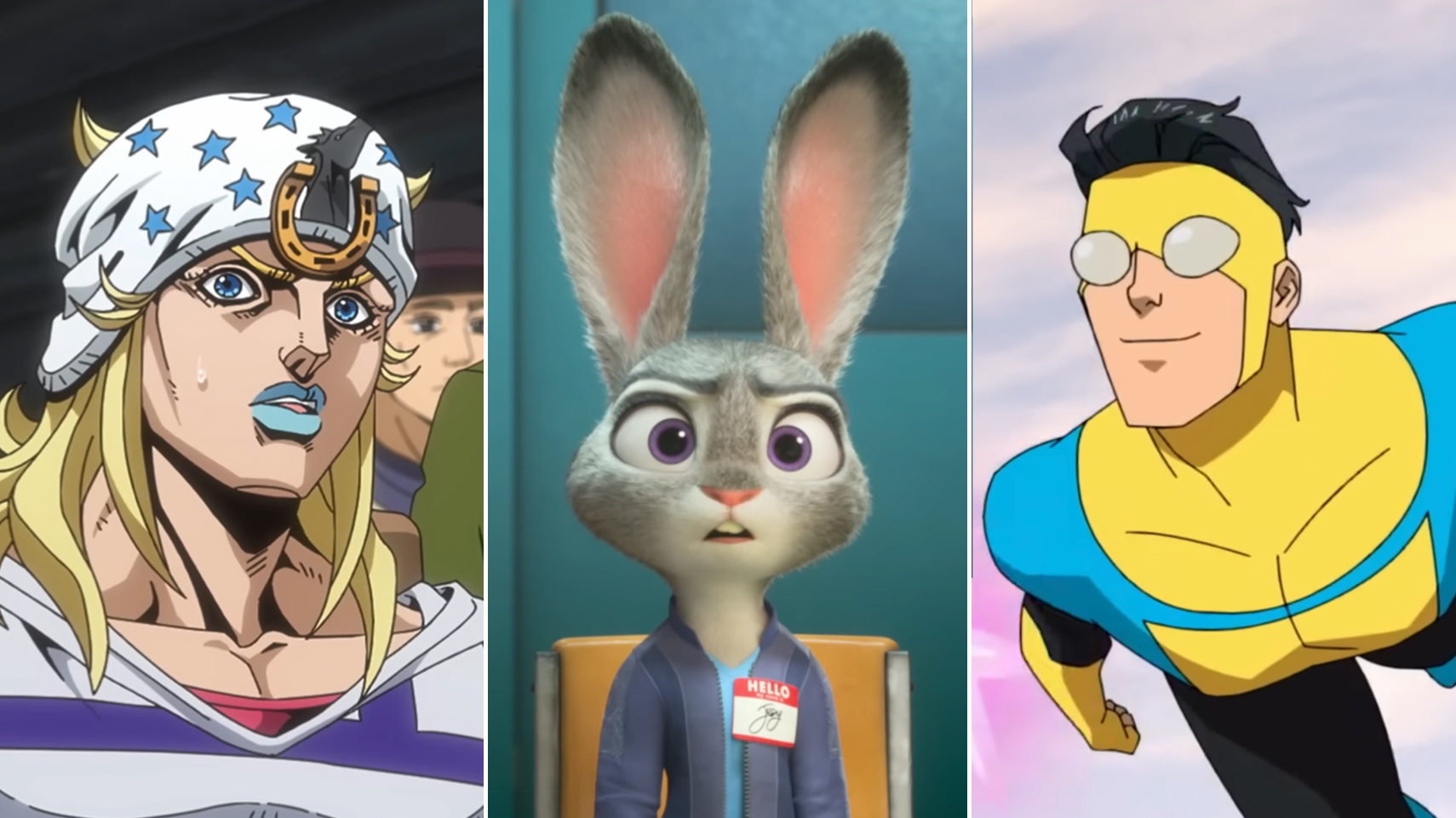 Left to right: Steel Ball Run, Zootopia 2, Invincible