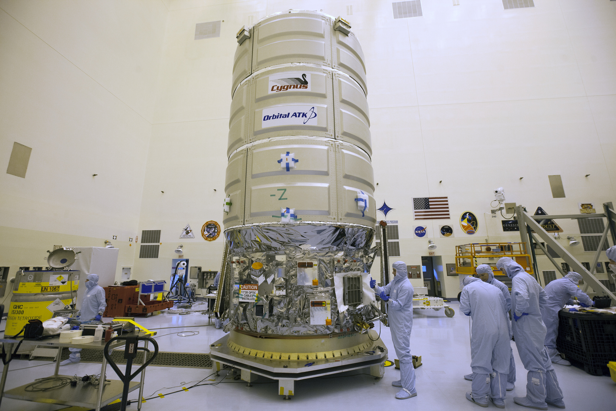 The Orbital ATK Cygnus spacecraft S.S. John Glenn is seen in the Payload Hazardous Servicing Facility at NASA&#039;s Kennedy Space Center in Florida ahead of its planned March 24 launch to the International Space Station. 