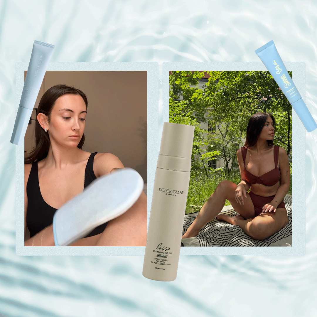 Woman posing in a bikini and gif of Alyssa Brascia applying self-tanner.