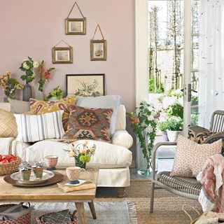 living room with pink wall sofa abd designed cushion and flower pots on table