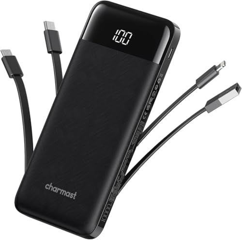 Charmast Portable Charger With Built in Cables, Power Bank With Cords Wires, Slim 10000mah Travel Battery Pack 6 Outputs 3 Inputs 3a Fast Charging for Samsung Google Pixel Lg Moto Iphone Ipad