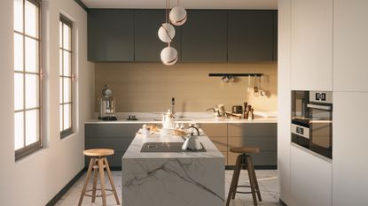 When looking for modern small kitchen ideas, this is a great example. The handleless drawers in smooth dark gray, marble island and lack of clutter are modern and sleek