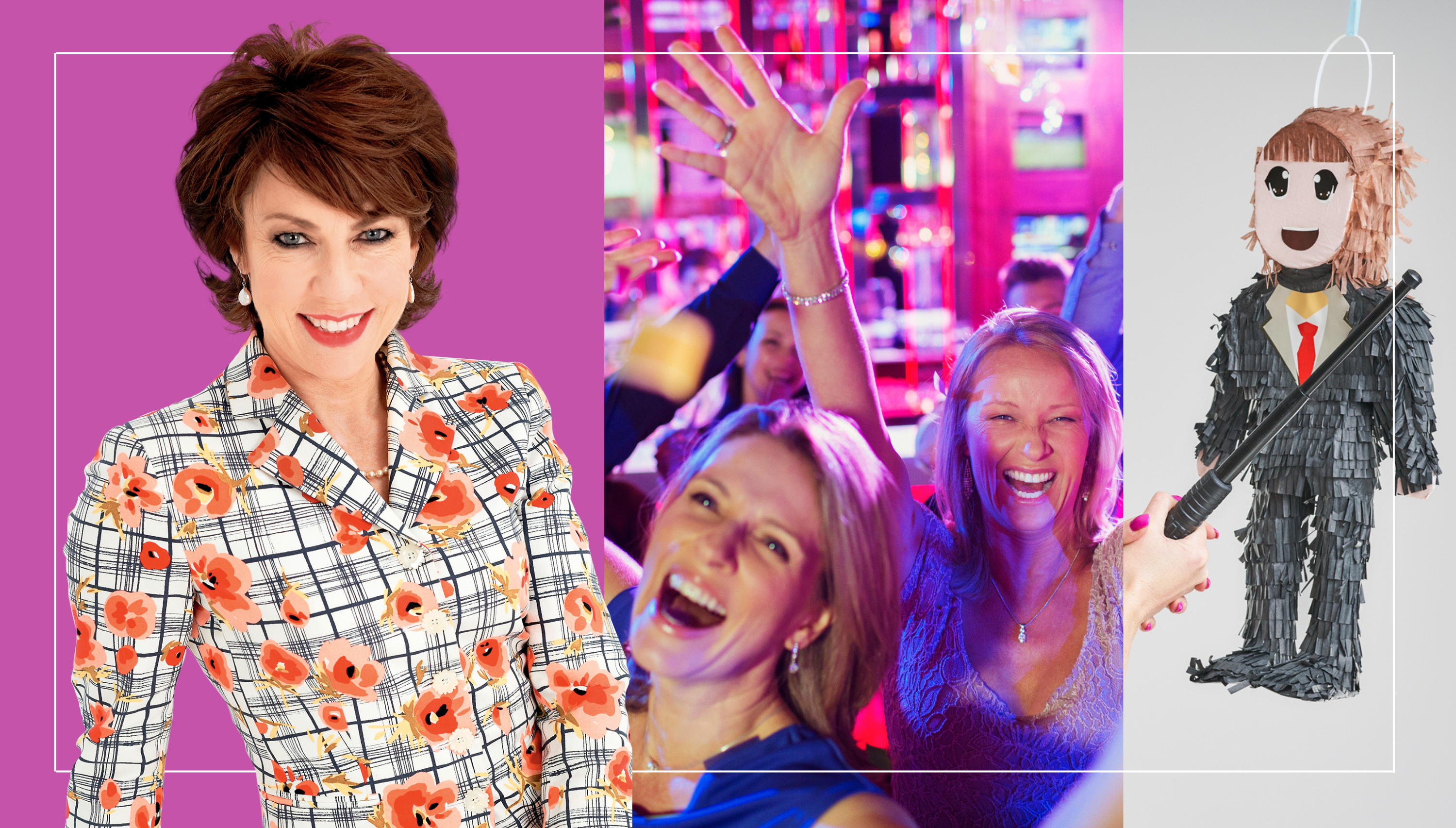 A composite image shows columnist Kathy Lette; women dancing at a party; and a groom pinata being smashed