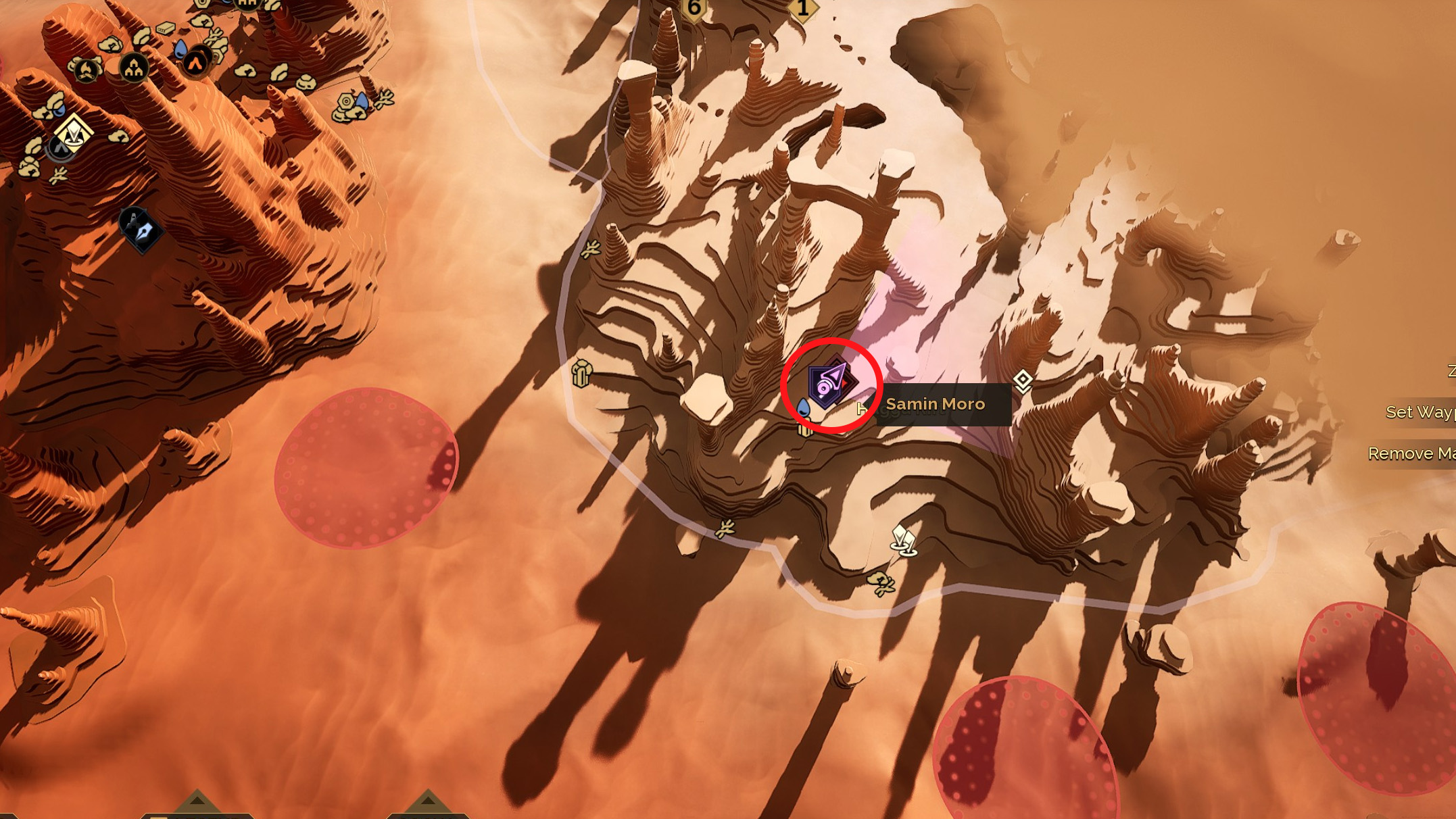 Dune: Awakening's map, Samin Moro's location near Riftwatch in the Hagga Rift is circled in red.