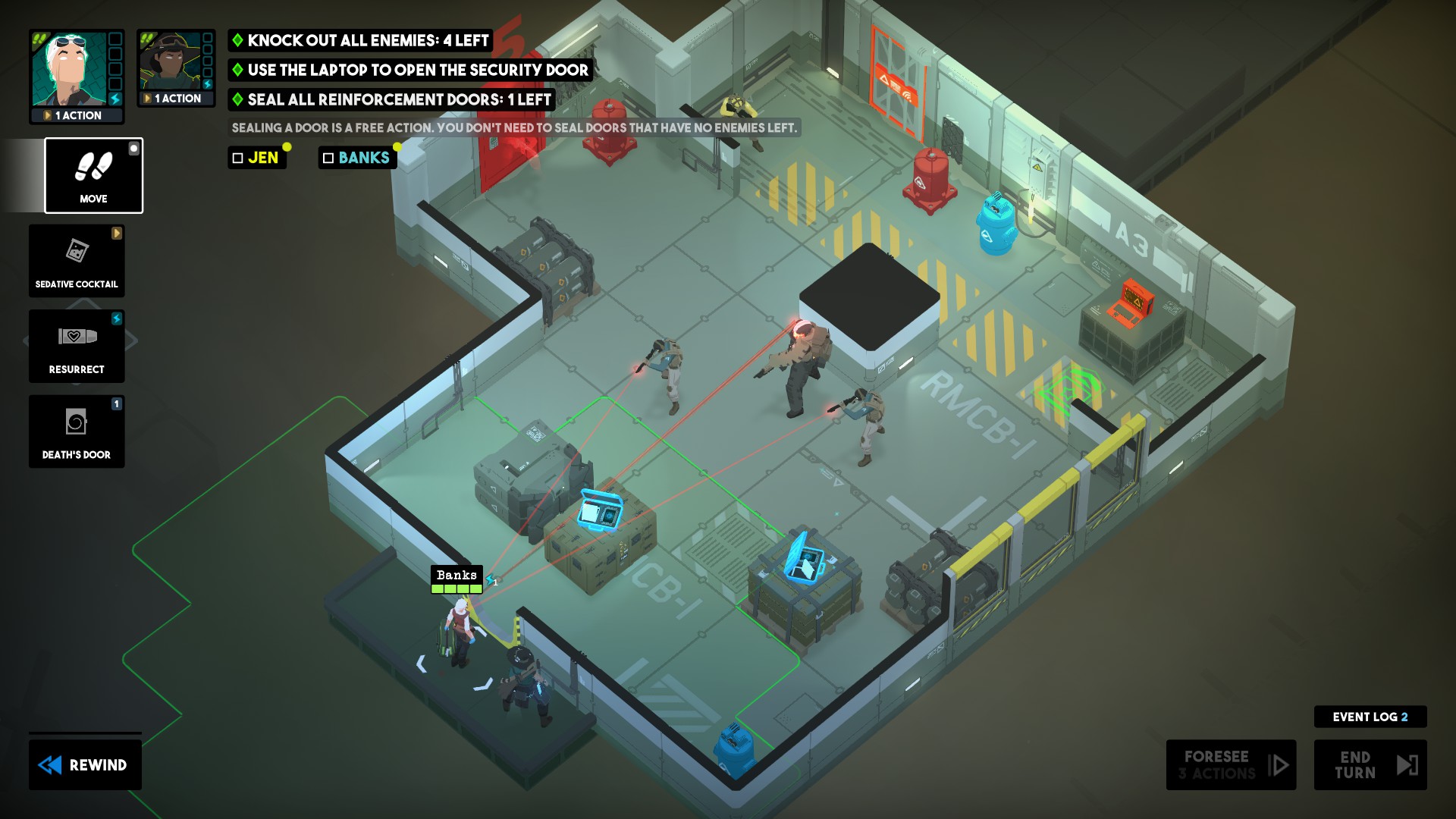 Banks en Jen dringen een kamer vol vijanden binnen in Tactical Breach Wizards.