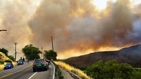 A fire burns in Wenatchee, Washington.