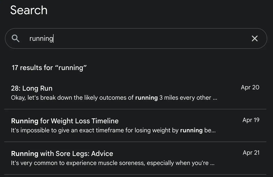 A screenshot of Gemini's "Search History," which will deliver results based on your search about older chats for rediscovery.