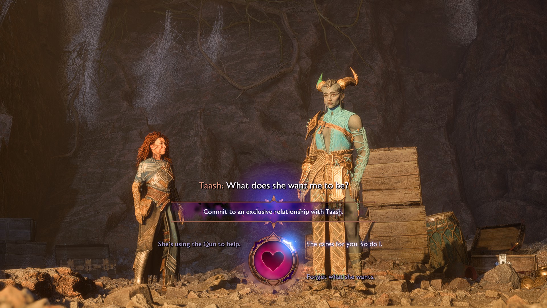 Rook choosing whether to commit to a romance with Taash in Dragon Age: The Veilguard.