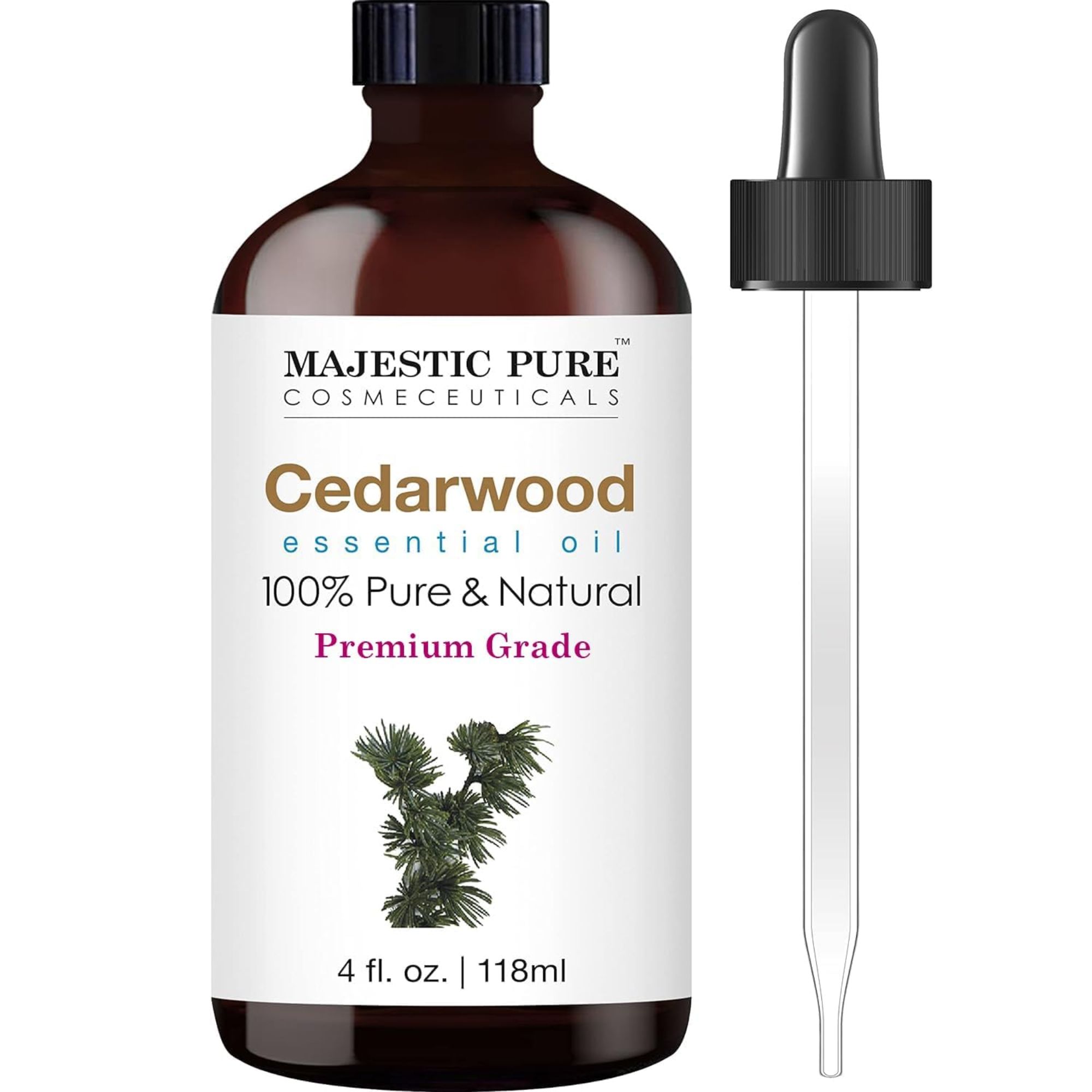 A brown bottle of cedarwood essential oil with white label and pipette with black lid.