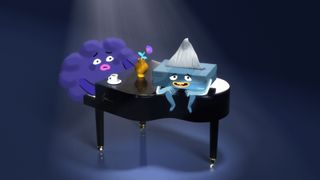 character of a tissue box sitting on top of a piano being played by another character