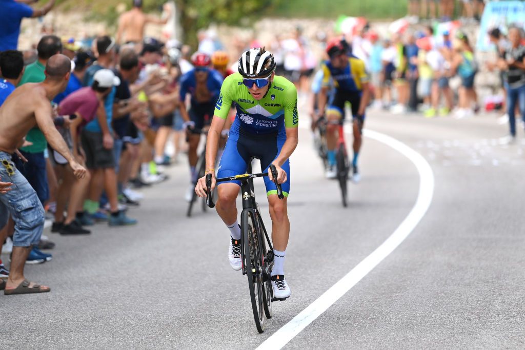 TRENTO ITALY SEPTEMBER 12 Tadej Pogacar of Slovenia attacks in the breakaway during the 27th UEC Road Cycling European Championships 2021 Elite Mens Road Race a 1792km race from TrentoPiazza Duomo to TrentoPiazza Duomo UECcycling on September 12 2021 in Trento Italy Photo by Justin SetterfieldGetty Images