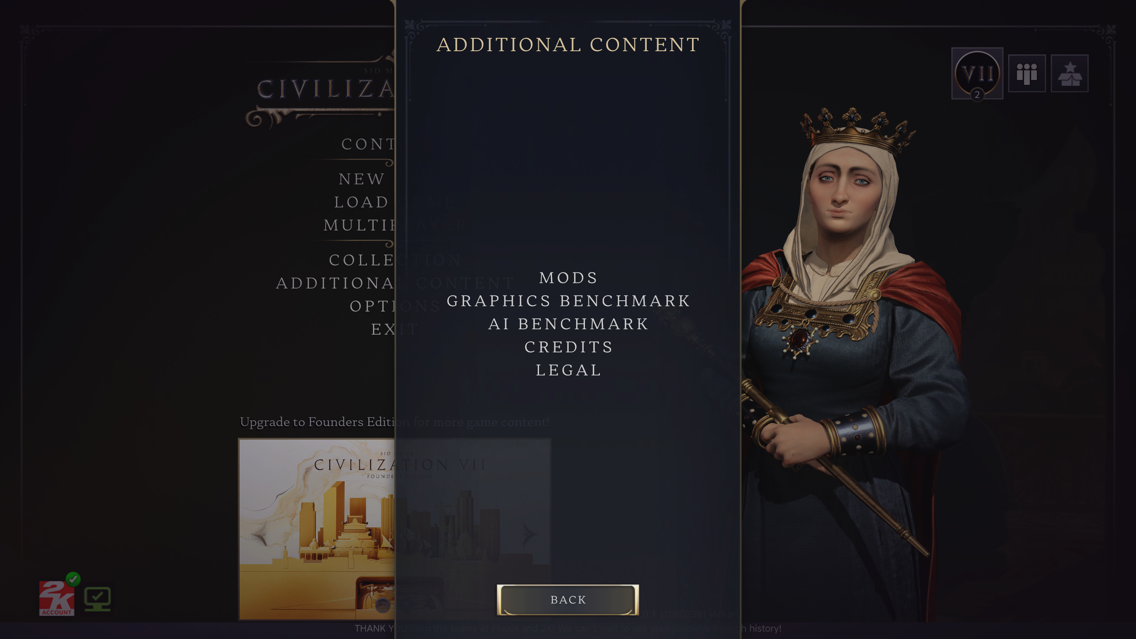 A screenshot of Civilization 7's main menu, showing the built-in benchmark options