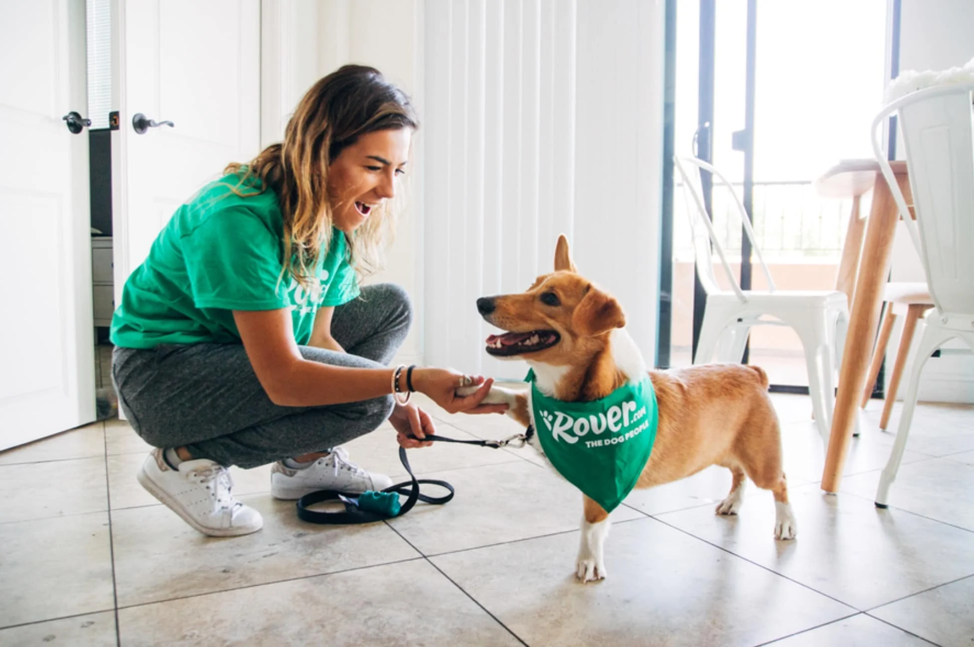 A woman shaking hands with a dog in a Rover branded poncho.