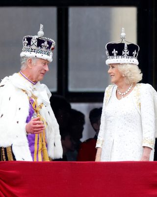 King Charles and Queen Camilla on the balcony of Buckingham Palace during the Coronation