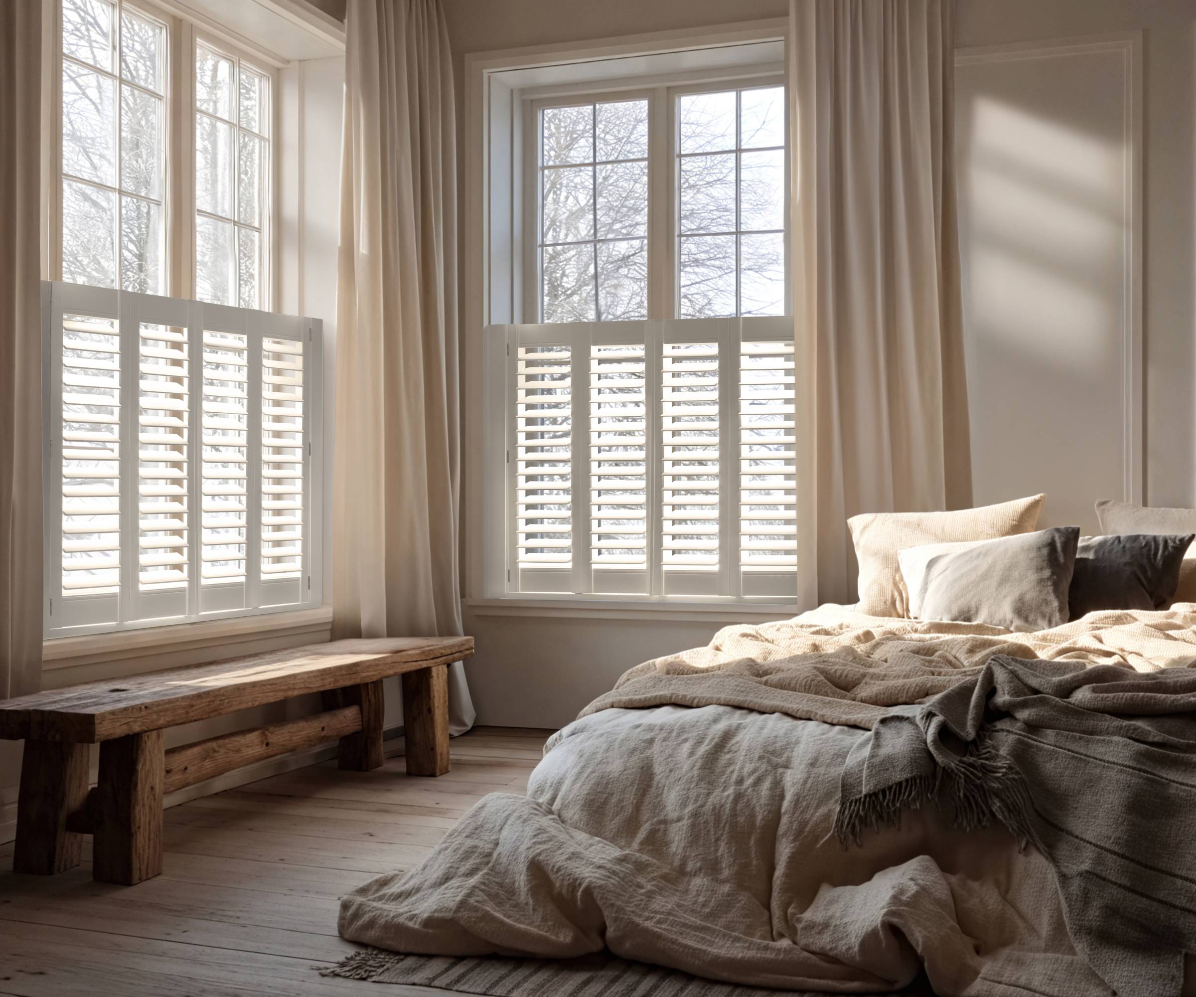 neutral toned bedroom with cafe window shutters in white as well as cream curtains