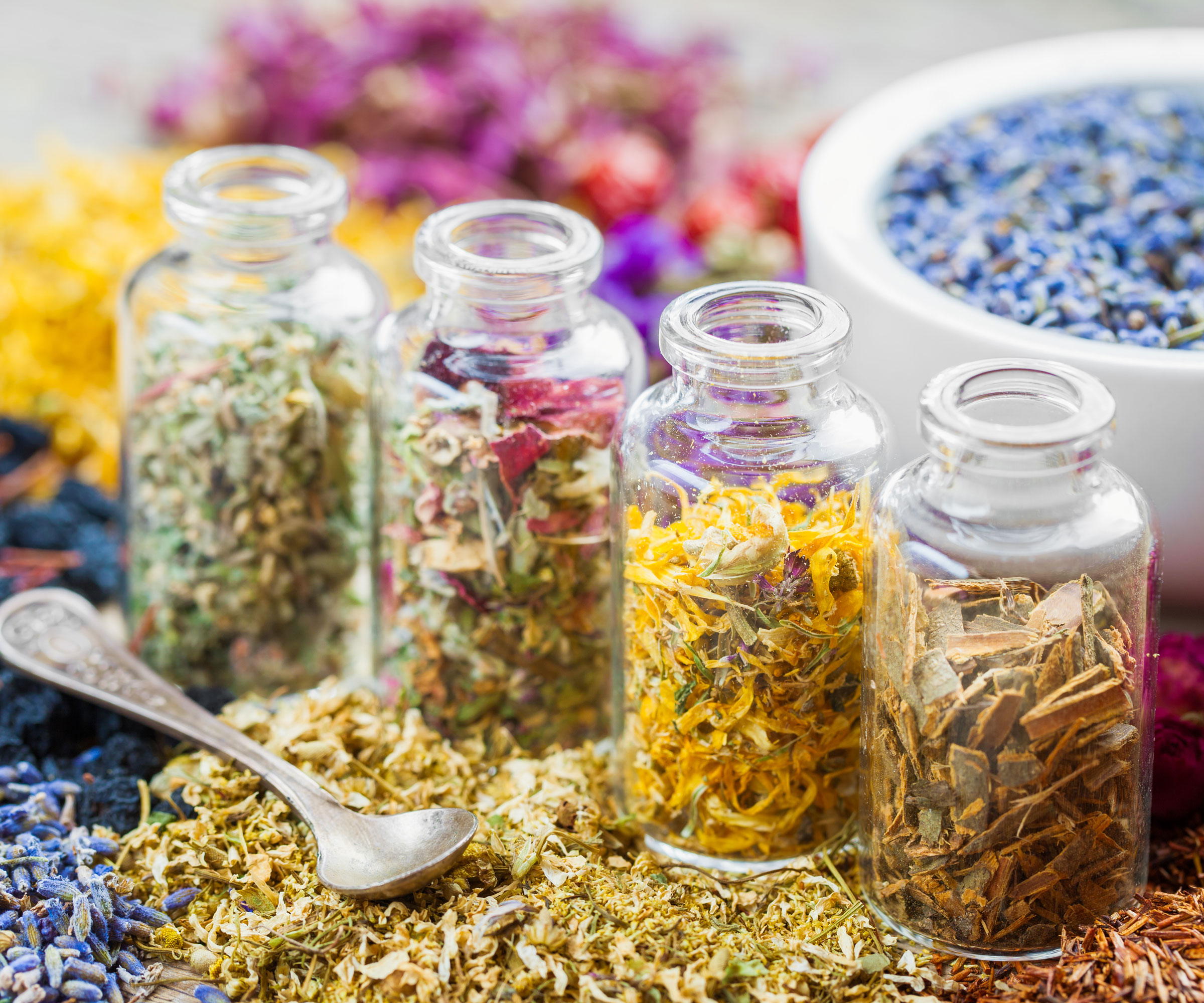 dried flowers and herbs in small glass jars