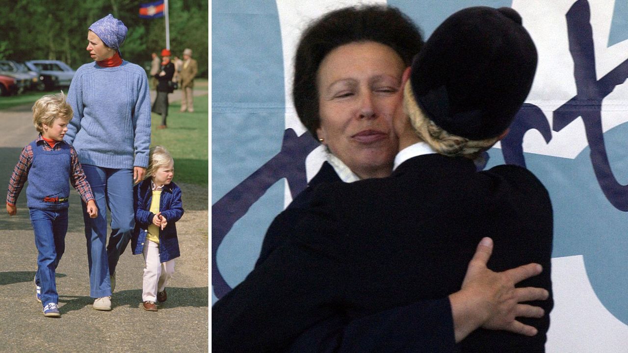 L-Princess Anne with her two young children, R- Princess Anne hugging Zara Tindall