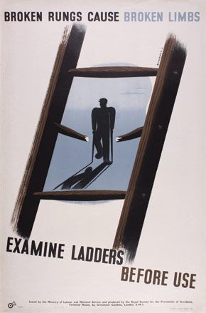 An illustration of a broken ladder with a man in crutches drawn in the middle of it.