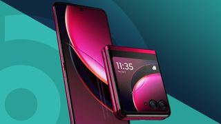 The Motorola Razr 40 Ultra in Viva Magenta against an abstract cyan background
