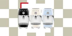 Image of three (black, cream, and light blue) Smeg cold brew coffee machines on top of a sage green and white checkerboard background.