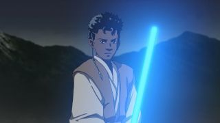 Jordan Fisher's Dan with blue lightsaber in Star Wars: Visions short "The Elder"