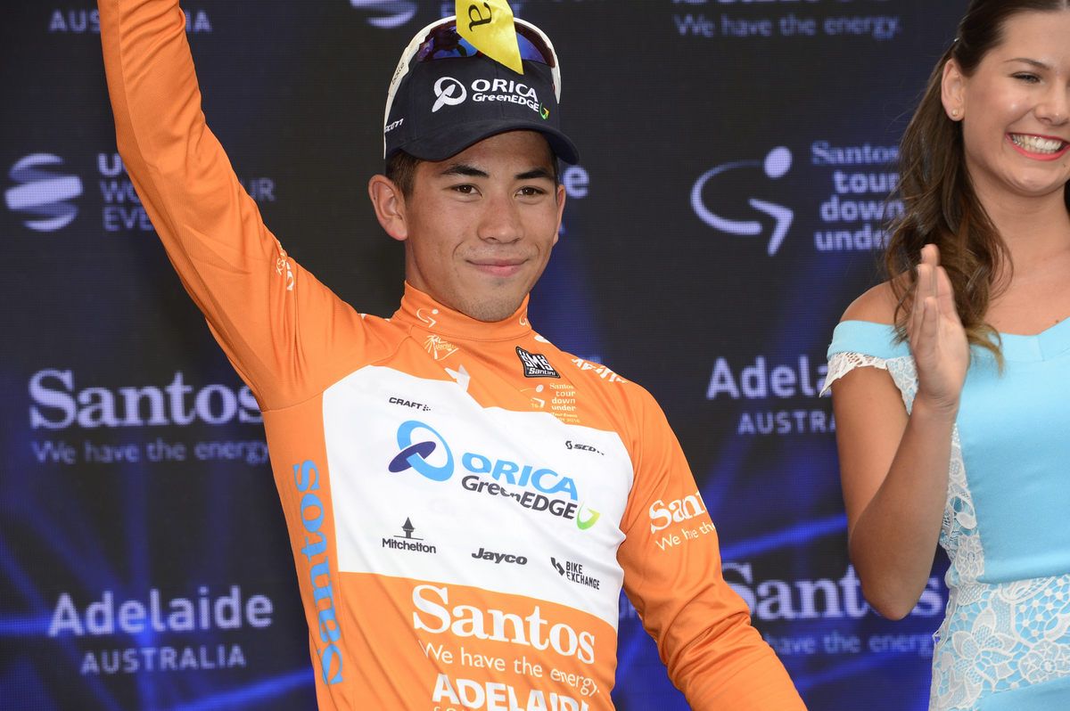 Caleb Ewan in his first WorldTour leader's jersey