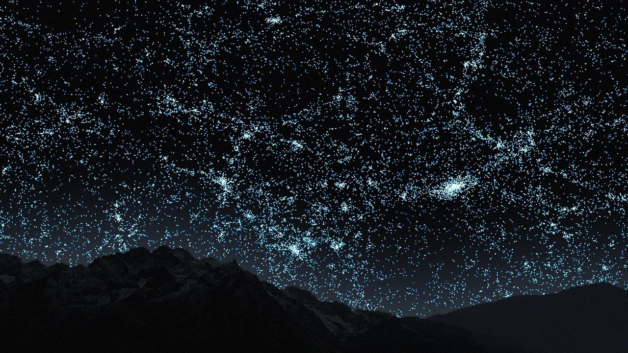 The galaxies from the first 100 million years of the map as they are located in the night sky.