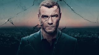 Liev Schreiber as Ray Donovan in Ray Donovan show art that is torn and features the cityscape in the background.