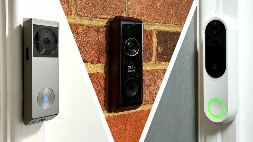 Split image of three video doorbells mounted on walls