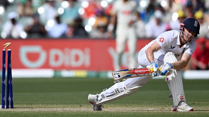 England's Harry Brook is bowled by Australia's Nathan Lyon during the Ashes 3rd Test
