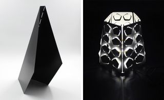 The laser-cut aluminium ‘Monolitt’ floor lamp and ‘Quinque’ table lamp