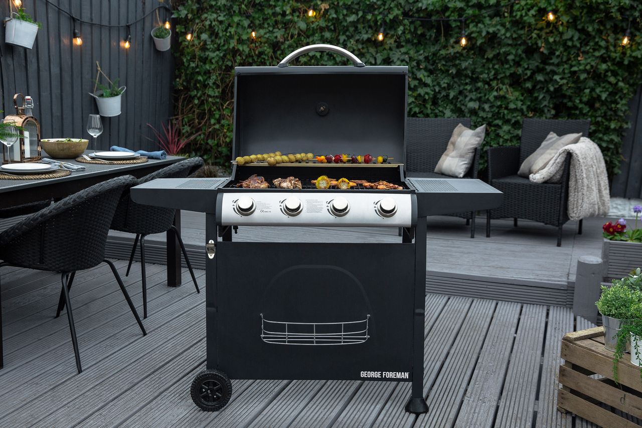 George Foreman barbecue in a modern garden