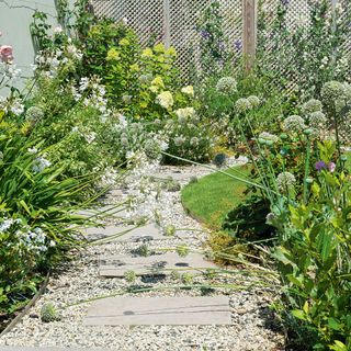 garden pathway flanked by lost of flowers and plants with gravel path