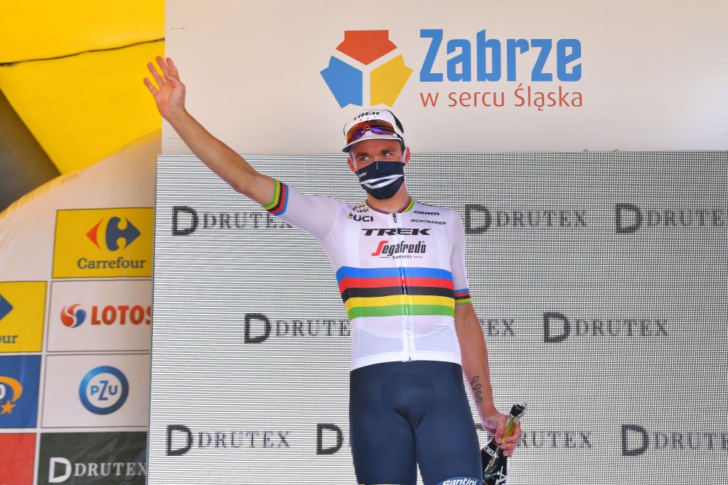 Mads Pedersen in World Champion jersey on Tour de Pologne stage 2 podium