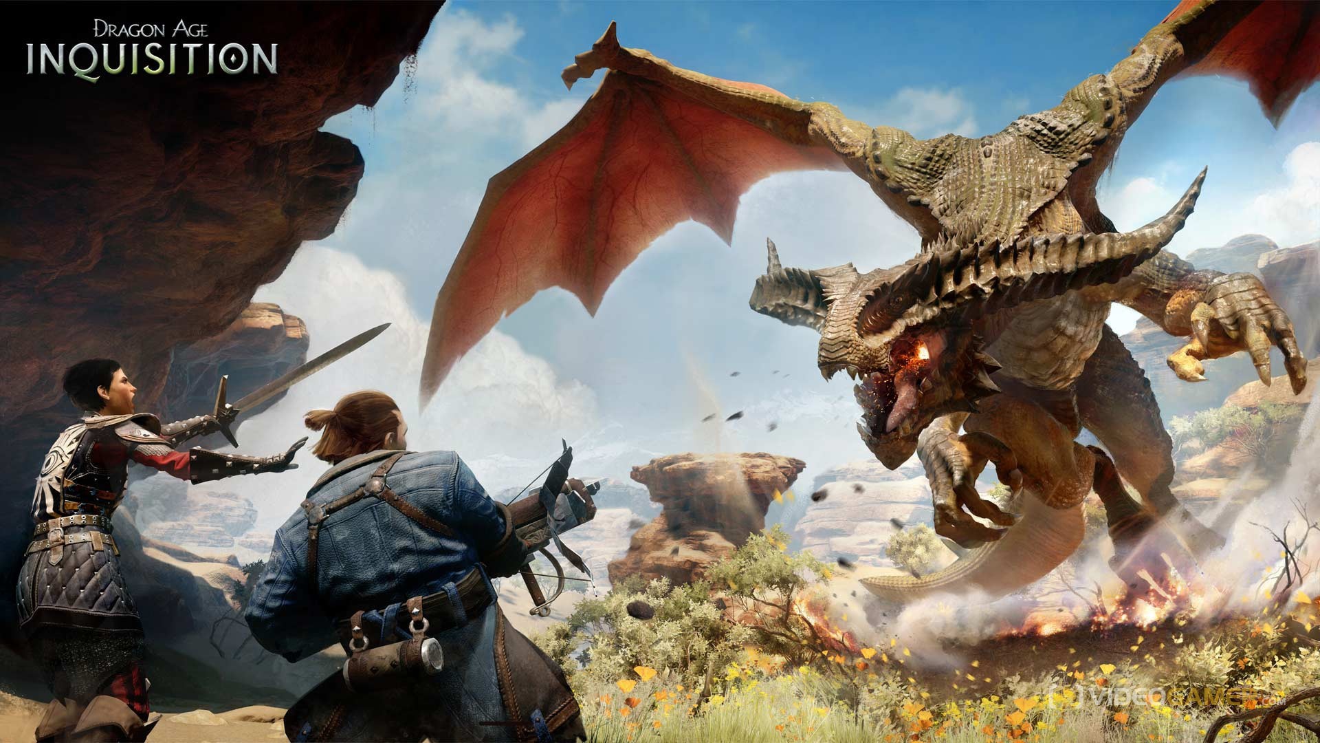 Dragon Age Inquisition Cassandra and Varric face off against a dragon