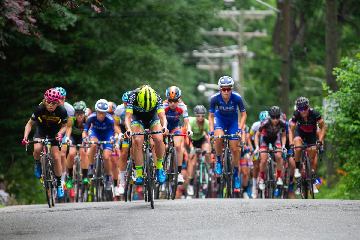 A Team TIBCO-SVB rider leads the women up a climb at the Winston-Salem Cycling Classic