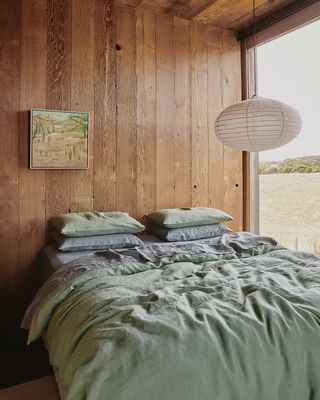 A linen bed spread in pistachio