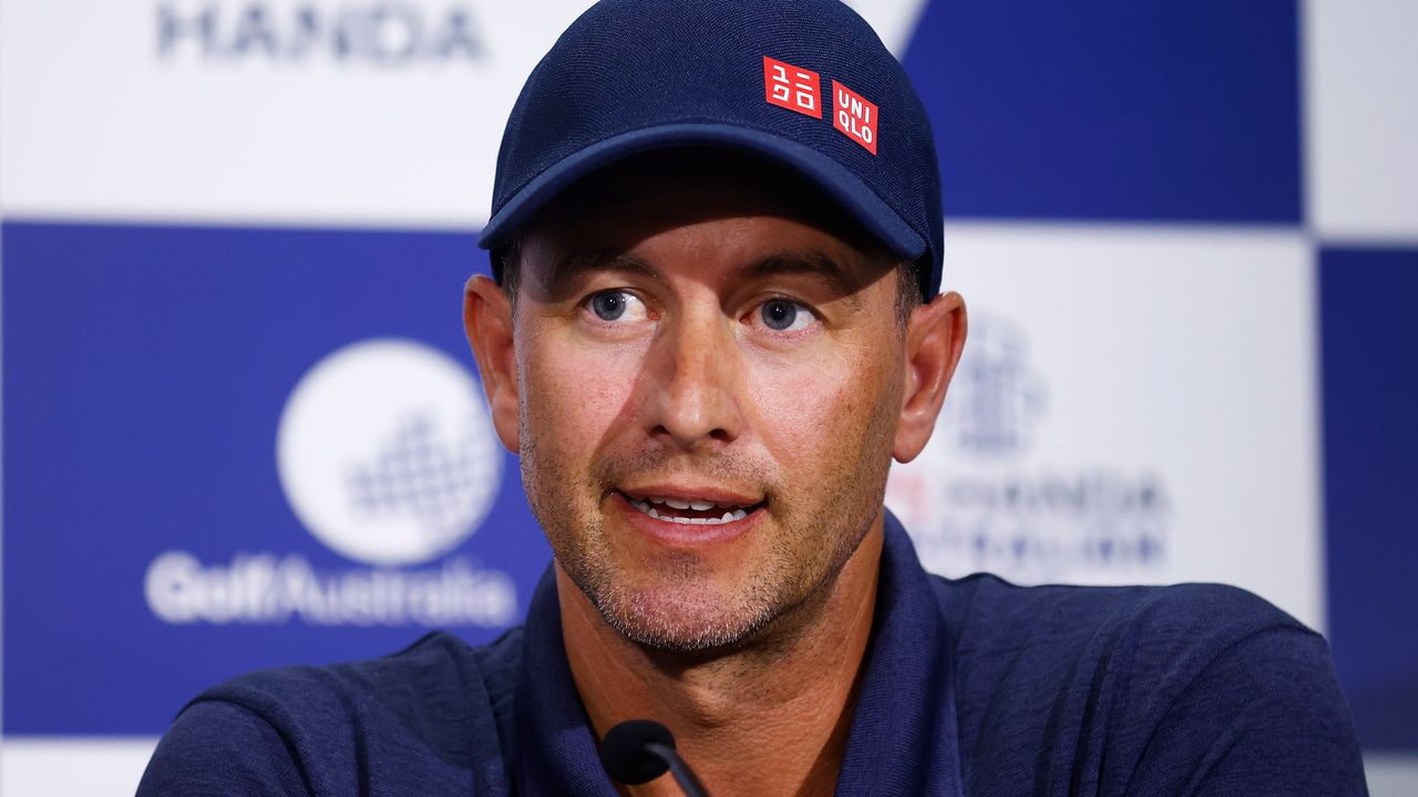 Adam Scott speaks at a press conference