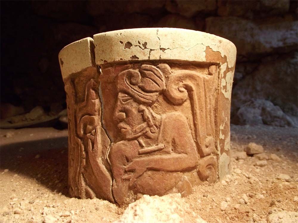 In the ruins of a royal complex in the Mayan city of Uxul, archaeologists found a tomb they believe belonged to a prince, who died 1,300 years ago. Here&#039;s one of the ceramic vessels they found buried with him. 