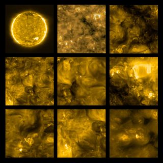 The European Space Agency's Solar Orbiter spacecraft swooped by the sun and, with its Extreme Ultraviolet Imager (EUI), took these images of the sun on May 30, 2020. This was the probe's first view of the sun, released today. In these images, you can see the sun's upper atmosphere at a wavelength of 17 nanometers, which is in an extreme part of the ultraviolet region of the electromagnetic spectrum.