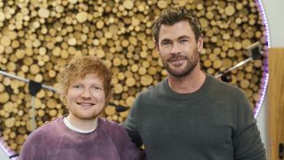 Ed Sheeran and Chris Hemsworth as Hemsworth learns to drum in Nat Geo's Limitless