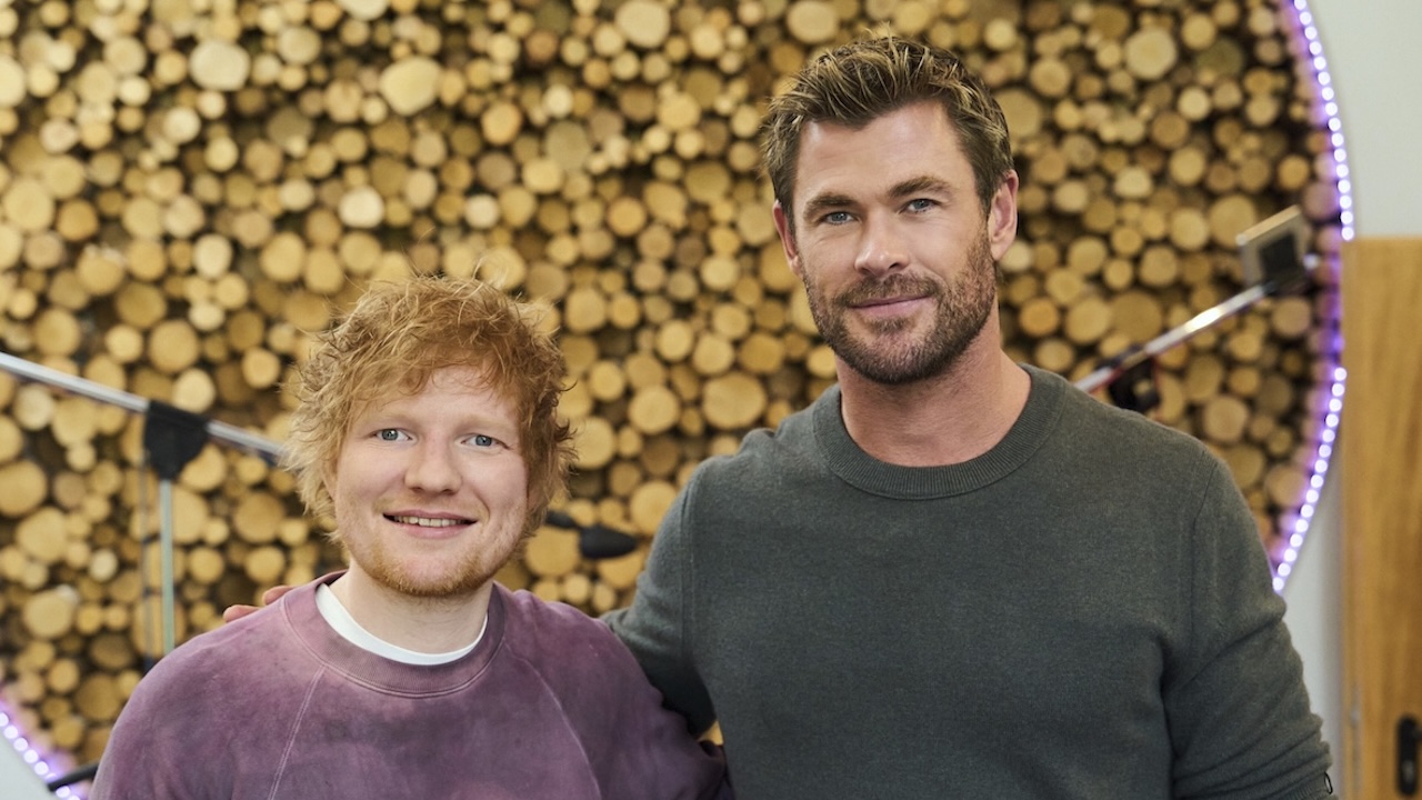 Ed Sheeran and Chris Hemsworth as Hemsworth learns to drum in Nat Geo's Limitless