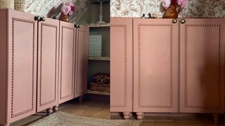 pink wooden storage cabinet with bobbin detailing