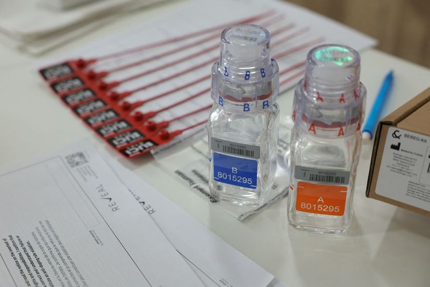 This photograph taken on July 5, 2024, shows anti-doping testing kit materials displayed at the International Testing Agency (ITA) testing facility inside a truck at the finish line of the 7th stage of the 111th edition of the Tour de France cycling race, 25,3 km individual time trial between Nuits-Saint-Georges and Gevrey-Chambertin. The overall leader yellow jersey rider and stage winner are systematically summoned to be tested for doping after the day&#039;s stage, along with any rider selected by ITA based on performance or intelligence from the organisation&#039;s investigative department. A chaperon escorts the rider to the facility where a supervised urine sample is collected for testing. (Photo by Thomas SAMSON / AFP)