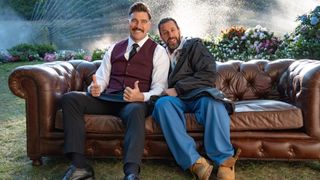 Travis Kelce and Adam Sandler are shown in a behind-the-scenes photo from Happy Gilmore 2.