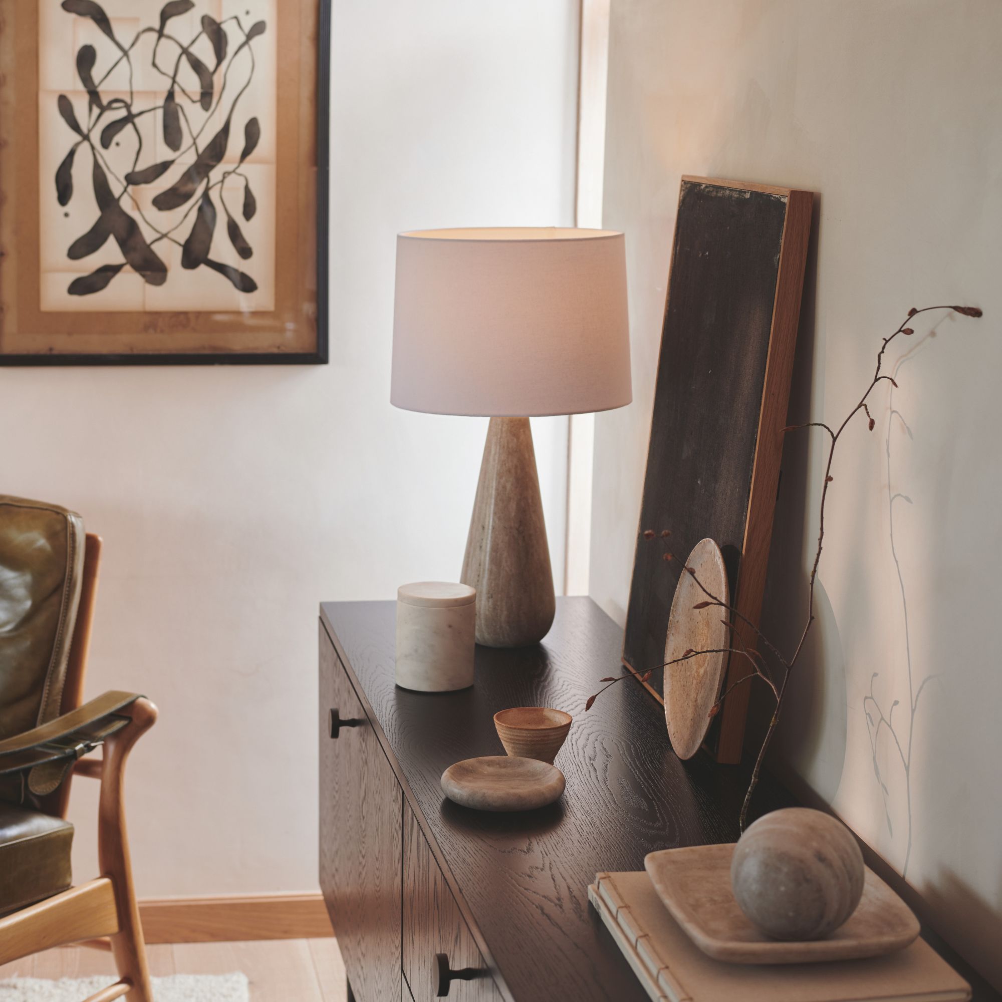 A side table with autumnal decor on top, from The White Company&#039;s new range