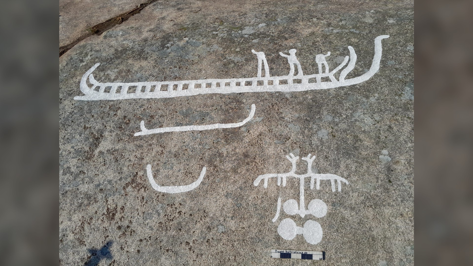 Some of the newly found petroglyphs can be seen in this photo. They were carved around 2,700 years ago. In this image we can see what looks like 3 human figures on a long boat. Underneath this there is an image of what looks like maybe 2 horses pulling a cart with 4 wheels.