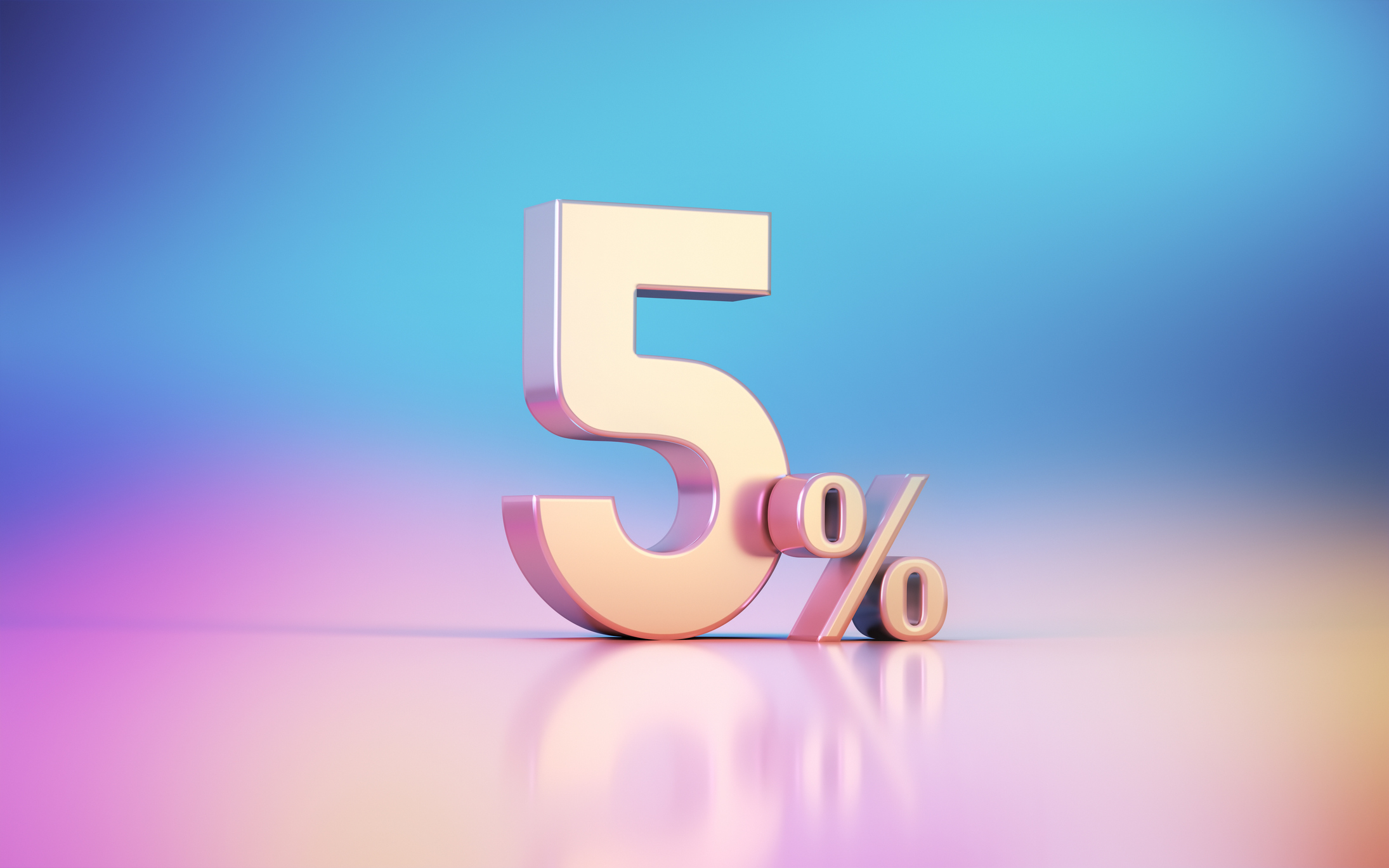 five percent against blue and purple background