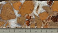 Image of brownish orange rocks (lava breccia) encased in white rock (calcium carbonate).